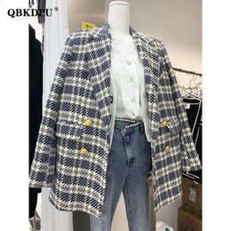 Damenanzüge-Blazer, koreanische Mode, karierter Tweed-Blazer, Damen-Herbst-Vintage-Zweireiher, gesteppte Baumwoll-Anzugjacke, eleganter Lady-Chic-Mantel 231102