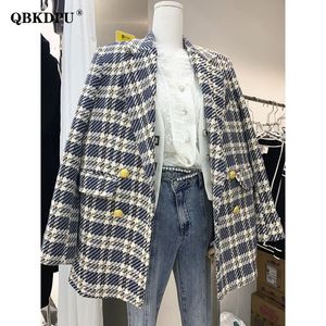 Damespakken Blazers Koreaanse mode Plaid Tweed Blazers Vrouwen vallen Vintage dubbele borsten gewatteerde katoenen pak jas Elegant kantoor dame chic jas 230311