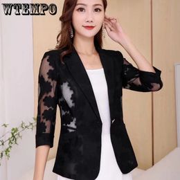 Costumes pour femmes Blazers dentelle costume veste femmes trois quarts manches costume printemps été à la mode crème solaire chemise goutte 231019