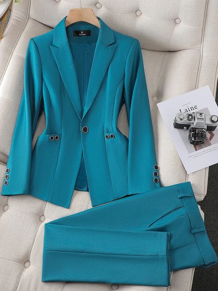 Costumes pour femmes Blazers Dames Blazer et pantalon costume formel vert violet bleu noir solide femmes veste pantalon femme affaires vêtements de travail 2 pièces ensemble 231214