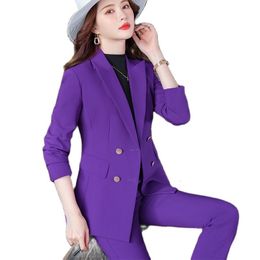 Damespakken Blazers Lenshin 2 -delige set minder is eenvoudiger Pant Suit Blazer met zakken Kantoor Lady Designs Women Purple Jacket and Trouser 230311