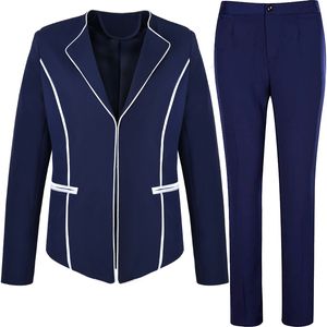 Damespakken Blazers Lenshin Antiwrinkle Smooth Fabric Hidden Button Contrast Bindende marineblauwe broekpak