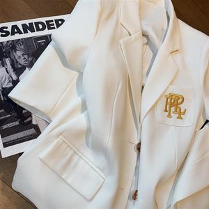 Trajes de mujer Blazers Chaqueta de traje con bordado de letras Blanco para mujer Abrigo de manga larga de gran tamaño Blazer suelto Tops negros de oficina para mujer