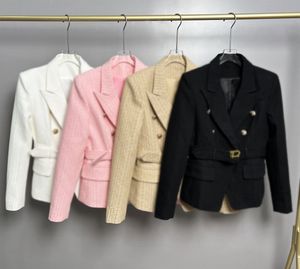 Trajes de mujer Blazers Abrigo de traje corto con botones de león Laberinto blanco y negro Abrigo superior de jacquard S-5XL Cinturón con letras rosa caqui Traje de aspecto delgado