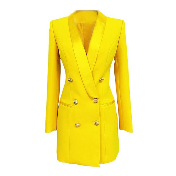 Costumes pour femmes Blazers Longue Blazer Robe Jaune Printemps Veste Femmes Double Boutonnage Or Bouton Satin Col Femmes Blazer Costume De Haute Qualité 221008