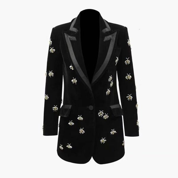 Costumes pour femmes Blazers Design luxueux nouveauté piste à la main abeilles perles Blazers cranté haute rue femmes velours longue qualité tendance Blazer 230403