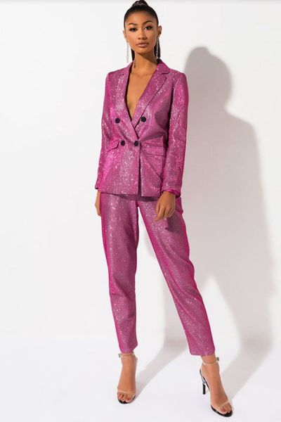 Trajes de mujer Blazers Conjunto de blazer con brillo de lujo más tamaño brillante rosa brillante traje de pantalón cumpleaños boda cóctel fiesta navidad año etapa traje 220924