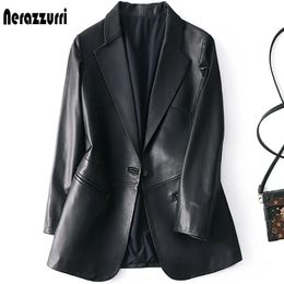 Costumes pour femmes Blazers Nerazzurri Printemps Automne Blazer en cuir noir Femmes Bouton unique Slim Fit Designer Vestes et manteaux en cuir pour femmes 5XL 6XL 7XL 231021