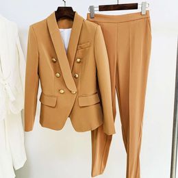 Damespakken Blazers Nieuwe professionele mode Double-borsten Green fruitkraagpak+bijgesneden broekset, tweedelige set