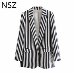 Damespakken Blazers NSZ Vrouwen Zwart en wit gestreepte blazer Kantoorjas met lange mouwen Suit jas Work Business Outerwear