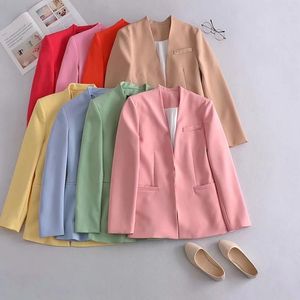 Damespakken Blazers Office Blazer Effen Kleur Jassen Elegante Jas Vrouwelijke 2021 Slanke Casual Pak Jas Dames Roze / Geel / Khaki / Rood