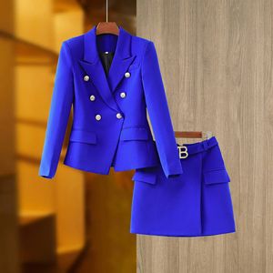 Costumes pour femmes Blazers bureau dames 2 pièces jupe costumes femmes automne rouge bleu Double boutonnage mince Blazer Mini rue vêtements mode veste ensemble 231024