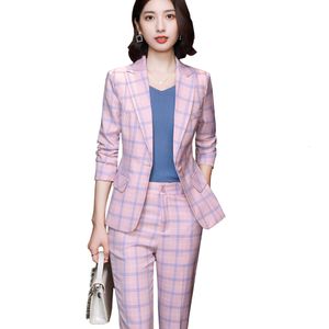 Damespakken blazers roze grijs blauw abrikoos plaid vrouwen blazer en broekpak broek dames vrouwelijk formeel kantoorwerkbedrijf 2 -delige set 230426