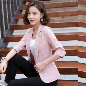 Costumes de femmes Blazers Plaid automne plus taille coton lin blazer femelles de bureau costume célibataire se poitrineuse femelle blason décontractée veste chic c240410