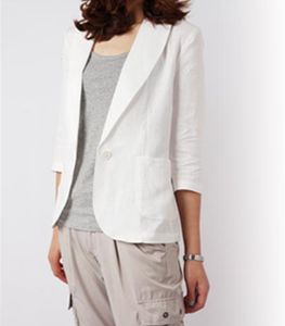 Costumes pour femmes Blazers Grande taille blanc coton et lin veste femmes blazers Femme été court mince trois quarts manches loisirs manteau bureau dames 230828