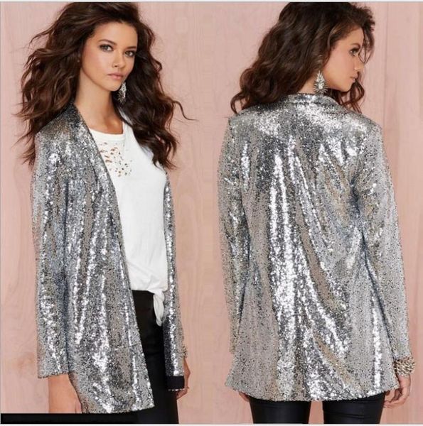 Trajes de mujer Blazers Qooth Chaqueta de lentejuelas Oro Bling Plata Negro Mujeres Traje elegante Abrigo Night Club Glitter Shiny Punk Outwear QH2177