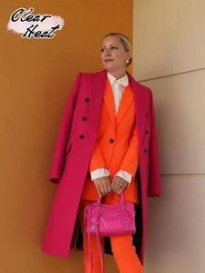 Costumes pour femmes Blazers Rose rouge simple boutonnage revers X long Trench Coat femmes mode col en V à manches longues vestes lâches femme automne hiver manteaux 2023 231018