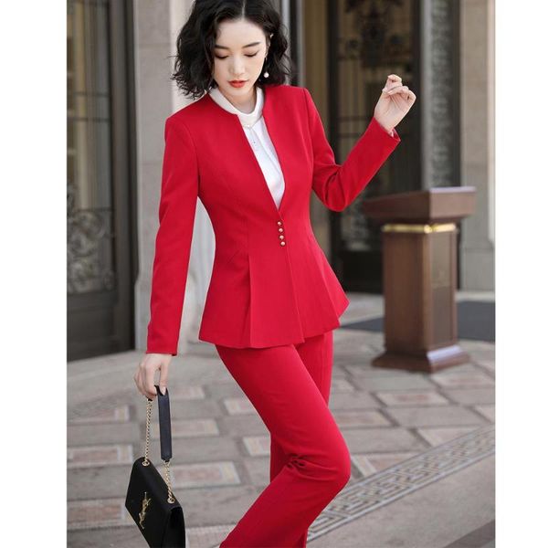 Costumes pour femmes Blazers à volants pantalon costume femmes élégant S-5XL bureau dame OL noir rouge travail veste Blazer manteau et 2 pièces ensemble