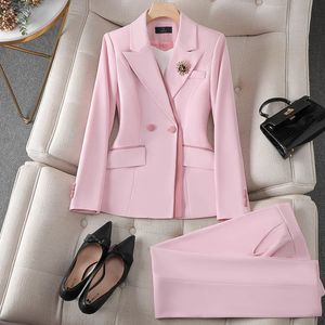 Trajes de mujer Blazers S-4XL Rosa Blanco Mujer Blazer y pantalón Traje Oficina Damas Ropa de trabajo de negocios Conjunto de 2 piezas Chaqueta y pantalón de manga larga para mujer 231023