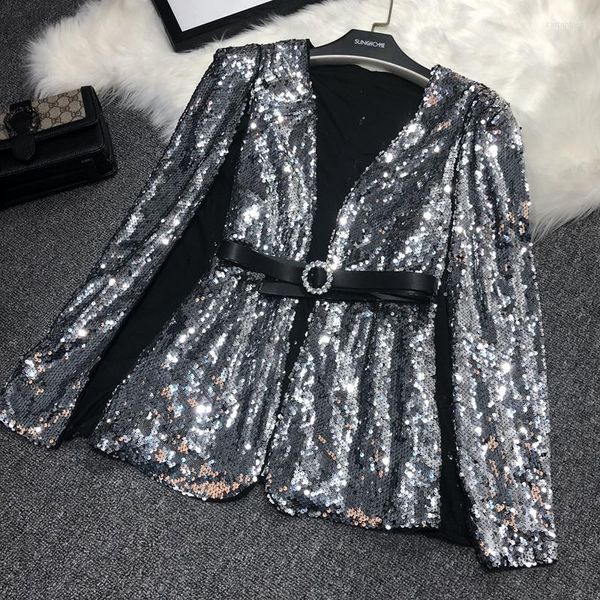 Trajes de mujer Blazers Chaqueta de lentejuelas plateadas Oro Bling Negro Mujer Manga larga Traje elegante Abrigo Night Club Glitter Shiny Punk