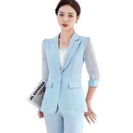 Trajes de mujer Blazers Trajes azul cielo Mujeres Verano Fino Gama alta Temperamento profesional Moda Media manga Blazer y pantalones Ropa de trabajo para damas de oficina 230310