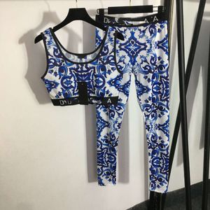 Costumes pour femmes, blazer, ensemble d'exercices de Yoga, bleu blanc, porcelaine imprimée, débardeur ajusté + sous-vêtements amincissants élastiques, printemps/été