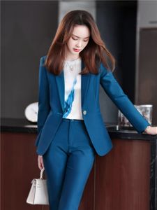 Damespakken Blazers Spring Twee -stuk set broek Pak Blue Elegant Blazer Jacket kleding Business jas 2 -delige sets vrouwelijke broek 230321