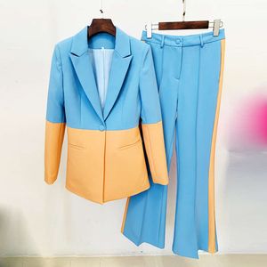 Costumes féminins Blazers Star Fashion Nouveau ensemble One Button Contrast Color Block Block Suit + Bell Pants Two Piece