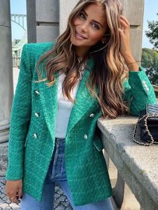 Abiti da donna Blazer Elegante giacca blazer in tweed verde Primavera Autunno High Street Tasche doppio petto Office Lady Chic Capispalla casual 221119