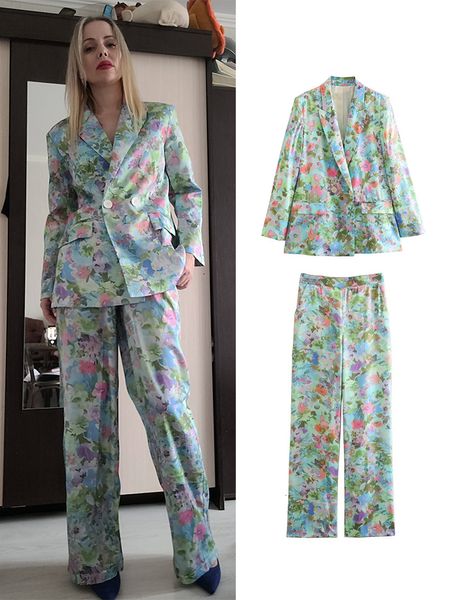 Trajes de mujer Blazers Traje Pantalones Conjuntos Mujer 2 piezas Moda Estampado floral Oficina Blazer Abrigo Señoras Conjunto 2023 Primavera Mujer 230609