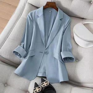 Damespakken Blazers Summer Blazer Woman 3/4 Sleeve Koreaanse mode Vrouwelijke kledingpak Kraagkraag Casual Losse vaste kleurstiksel Houthion 230311