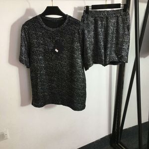 Costumes pour femmes, blazer, ensemble décontracté, lettre Triangle scintillante, soie glacée, col rond, T-shirt à manches courtes, Short ample, été