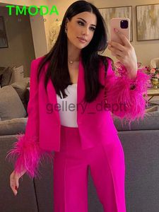 Damespakken Blazers T MODA 2023 Herfst Vrouwen Hot Pink Feathers Blazer Dames Losse lange mouwen Single Button Office Jacket Vrouwelijke Chic Uitloper J230928