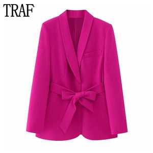 Costumes pour femmes Blazers TRAF Fuchsia Tuxedo Blazer Femme Ceinture Bouton Veste Femmes À Manches Longues Droite Blazers pour Femmes Streetwear Long Blazer Femmes 230705