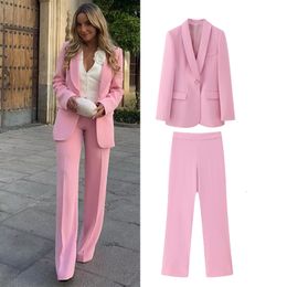 Trajes de mujer Blazers TRAF Spring Pants set 2023 Fashion Pink Chic Slim Conjunto de dos piezas Blazer Straight Leisure Party Traje juvenil 230504