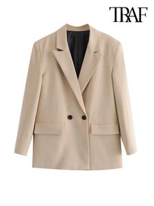 Costumes pour femmes Blazers TRAF femmes mode Double boutonnage coupe ample Blazer manteau Vintage à manches longues poches vêtements de dessus pour femmes Chic hauts 230316