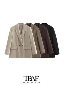 Costumes pour femmes Blazers TRAF Femmes Mode Double Boutonnage Lâche Blazer Manteau Vintage À Manches Longues Poches Femme Survêtement Chic Veste Femme 230630