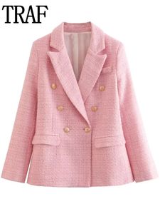 Damespakken Blazers TRAF Dames Roze Blazer Herfst Tweed Jas Vrouw Lange mouw Rood Zwart Jas Casual Double Breasted Dames Blazer Jassen 230803