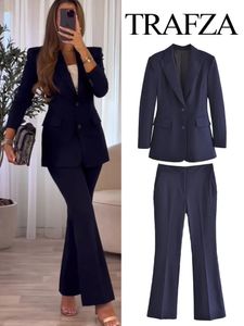 Trajes de mujer Blazers TRAFZA 2023 Blazer informal Traje de oficina de negocios Azul marino Cintura alta Vestido de novia delgado Esmoquin Pantalones de fiesta Conjunto de 2 piezas 231214