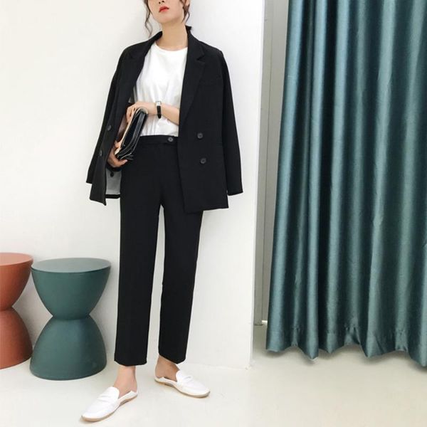 Trajes de mujer Blazers Vintage grueso traje de pantalón negro claro chaqueta con muescas 2023 Otoño Invierno ropa de oficina conjuntos femeninos