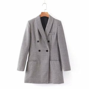 Damespakken Blazers Vintage Women Double Breasted Plaid Pak lange mouw HoundStooth Coat -zakken van fffice jas Lady Out -wear Sale -items