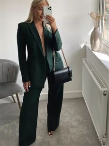 Women's Suits Blazers Woman Elegant Dark Green Straight Blazer Suits Autumn Female Solid Basic Matching Set Ladies Medium Waisted Pants Suit 230302