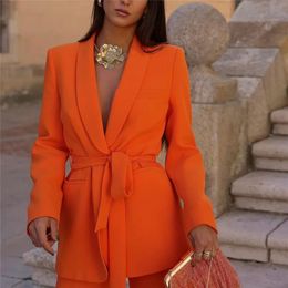 Costumes pour femmes Blazers femme élégant Orange droit Laing Blazer costume 2023 printemps femme solide événement correspondant ensembles dames taille haute pantalon 231215