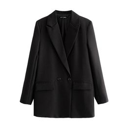 Costumes pour femmes Blazers Femmes Noir Mode Bureau Porter Double Boutonnage Manteau Vintage Manches Longues Poches Vêtements De Dessus Pour Femmes Chic Tops 220913