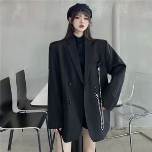 Costumes pour femmes Blazers Femmes mode double boutonnage lâche blazer coréen haute rue à manches longues costume veste noir col cranté dames vêtements d'extérieur 231211