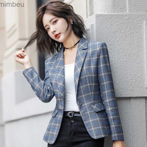 Trajes de mujer Blazers Moda para mujer Ropa de oficina Blazers a cuadros Abrigo Chaquetas de primavera Un botón Vintage Bolsillos de manga larga Ropa de abrigo femenina Tops elegantesL240118