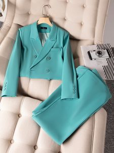 Damespakken Blazers Dames Pant Pak Fashion Office Business Work Wear Ladies Short Double Breasted Blazer Wide Leg Pant Formal Two -Piece Set 230311