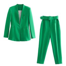 Damespakken Blazers Women's 2022 Spring herfst Nieuwe Suits Groene Solid Color Lineded Down Rapel Lange vrouwelijke Blazer Chic Mujer T221027