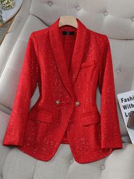 Costumes pour femmes Blazers Blazer femme décontracté automne hiver veste femme à manches longues simple boutonnage bouton décoration rouge marine Plaid manteau 231114