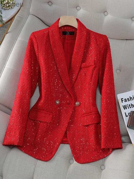 Costumes pour femmes Blazers Blazer femme décontracté automne hiver veste femme à manches longues simple boutonnage bouton décoration rouge marine Plaid CoatL240118